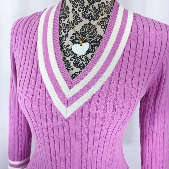 CHAPS CLASSICS Preppy V Neck Stripe Cable Knit Cotton Sweater M - Picture 3 of 4